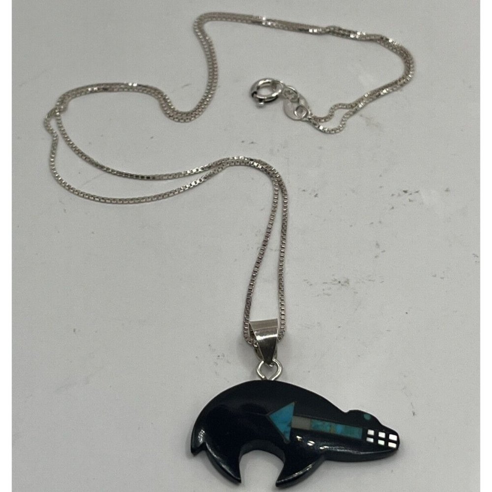 VTG NATIVE ZUNI BEAR Onyx W/Inlay Turquoise Pearl Necklace 925Sterling 19”